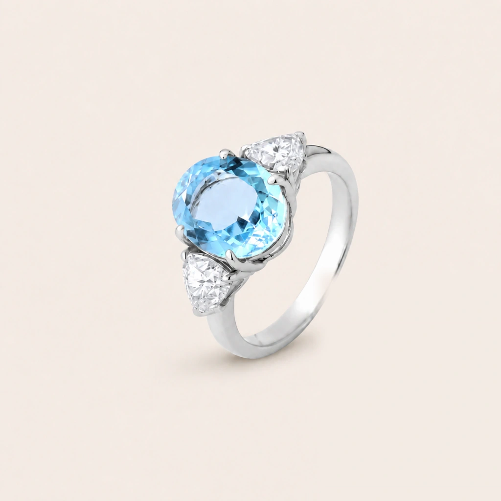 Anel Oval Topázio Azul e Moissanite